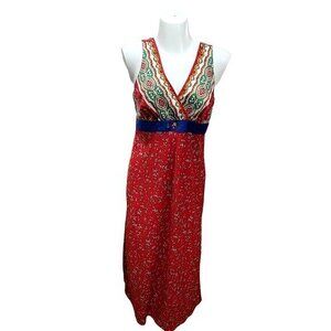 Cabernet Sleeveless Gown V-Neck Embroidered M Red Green Boho Chic